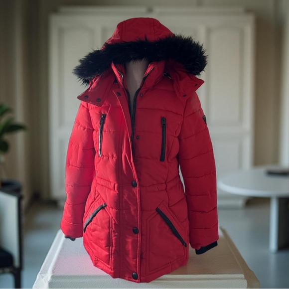 Guess Jackets & Blazers - Red Guess Parka Coat,deep red faux black fur detachable hood,like new condition